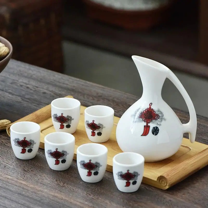 Afralia™ Ceramic Wine Set Dispenser Antique Pot Liquor Cup Warming Container