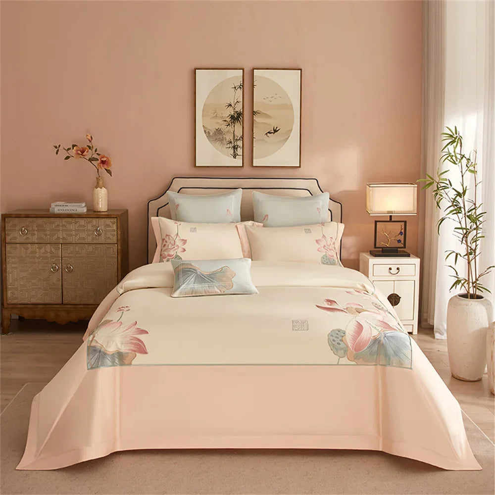 Afralia™ Pink Satin Jacquard Lotus Duvet Set 4Pcs Queen King Bedlinens