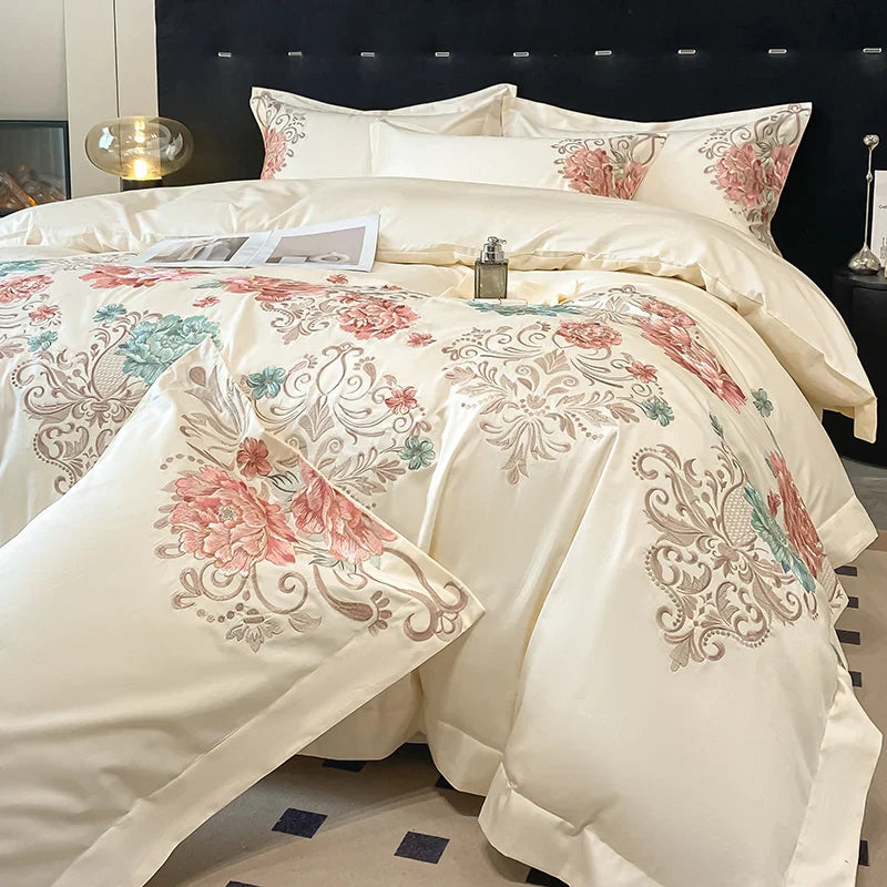 Afralia™ Luxury Flowers Embroidery Cotton Bedding Set - Queen King Size