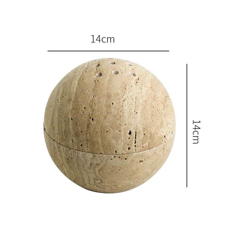 Afralia™ Beige Travertine Marble 9-Hole Sphere Incense Burner Burner Wood Plate Holder