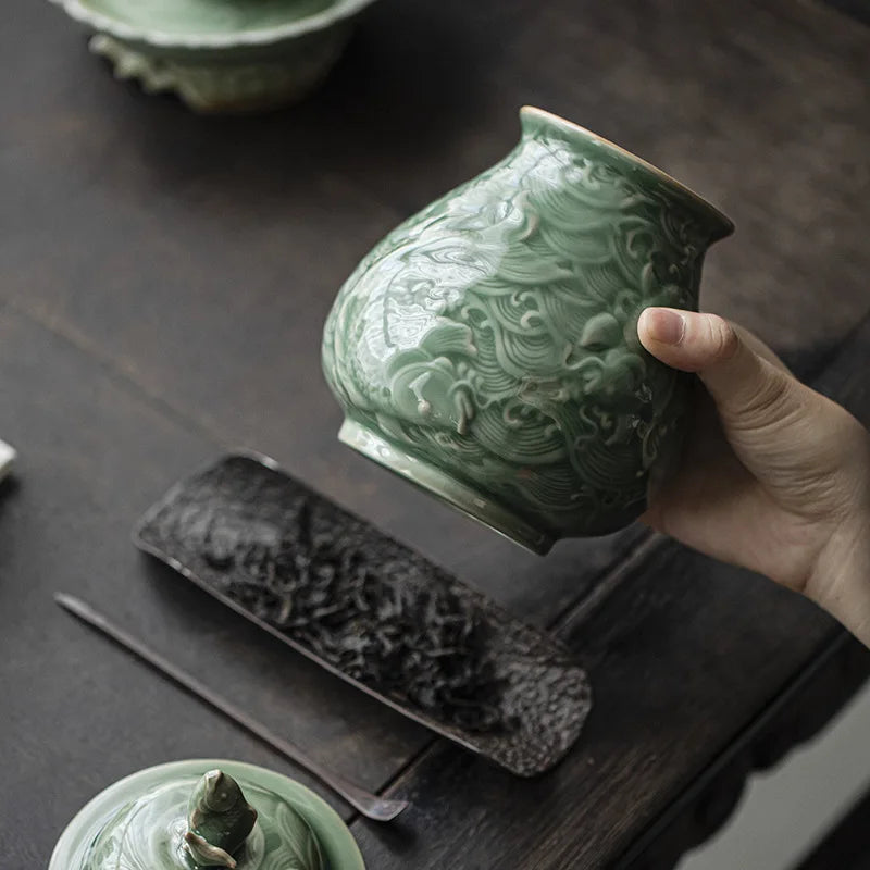 Afralia™ Fish Relief Celadon Tea Pot Porcelain Jar Decor Storage Tank