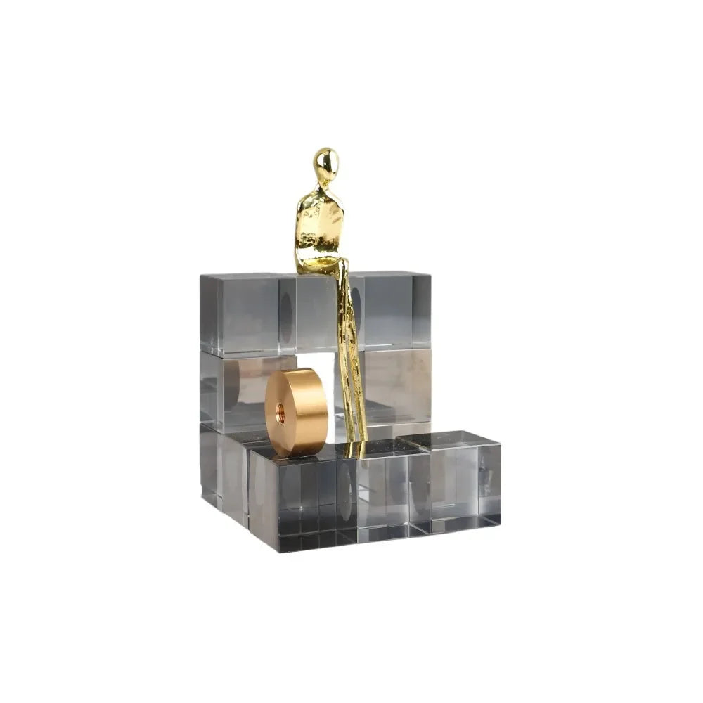 Afralia™ Geometric Stair Crystal Ornament Metal Gold Sculpture