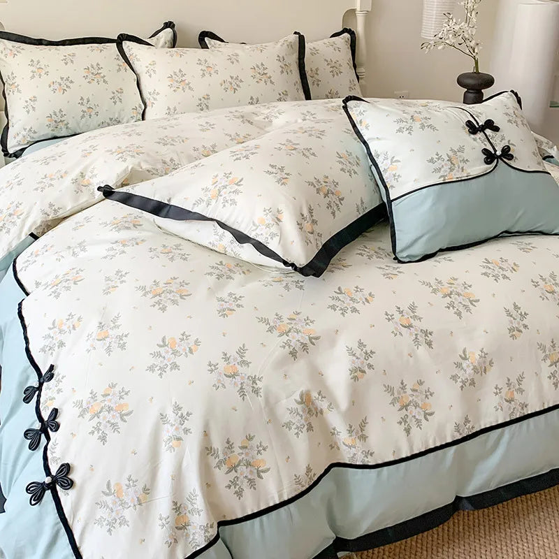 Afralia™ Floral Retro Pleated Cotton Bedding Set for Cozy Comfort and Style
