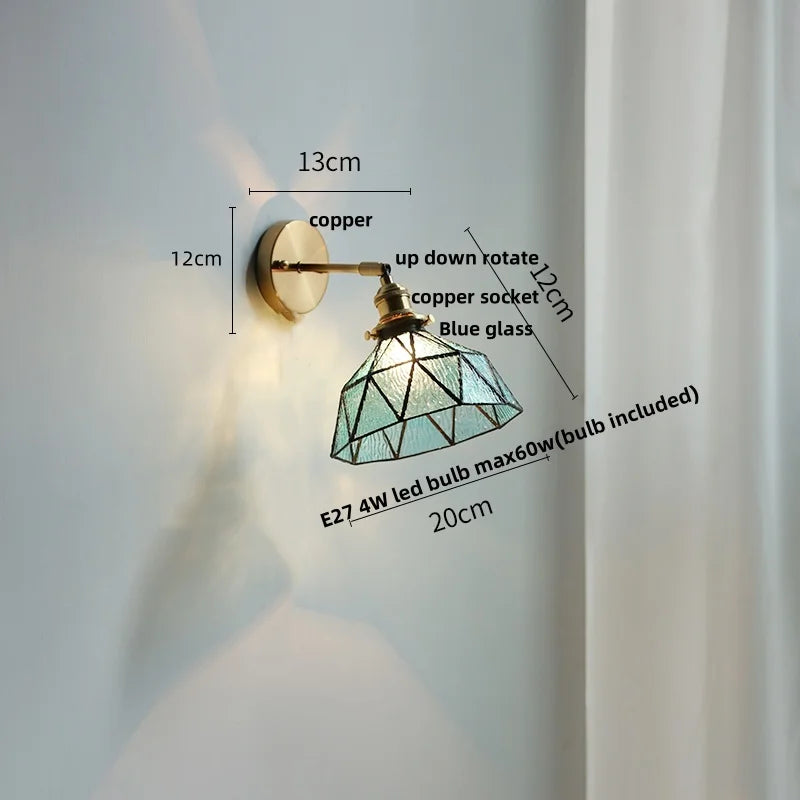 Afralia™ Tiffany Blue Glass LED Wall Sconce Rotate Copper Pull Chain Switch Light