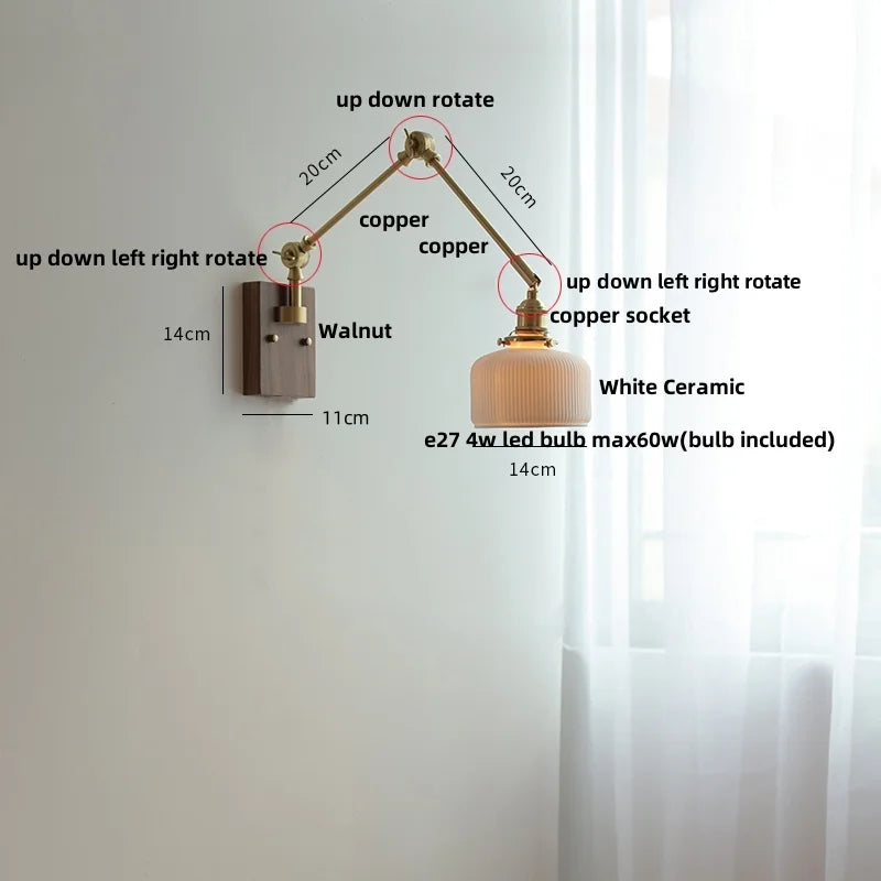 Afralia™ White Ceramic LED Wall Light Nordic Modern Copper Rotatable Bedside Lamp