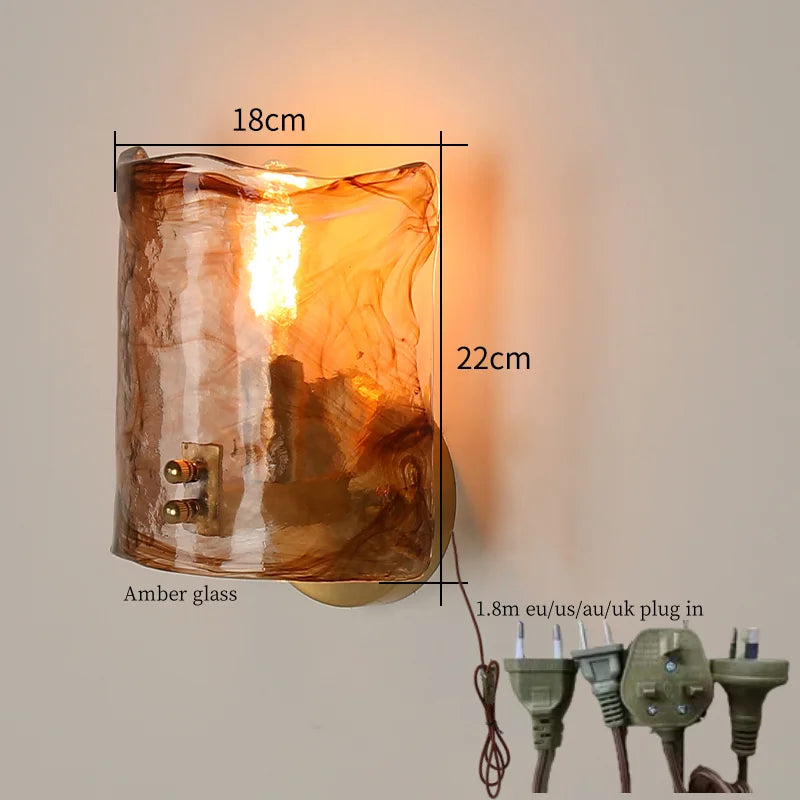 Afralia™ Amber Glass LED Wall Lamp for Bedroom Minimalistic Copper Lighting