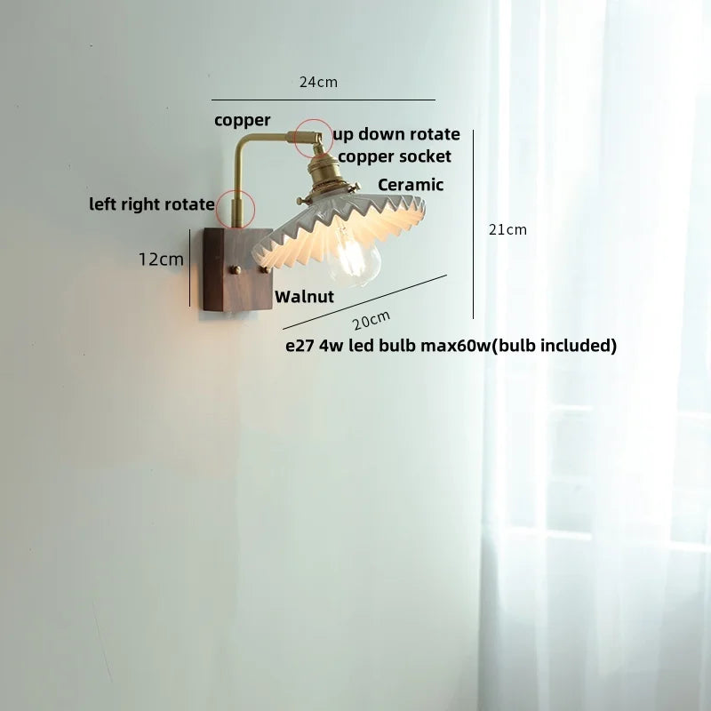 Afralia™ Nordic LED Walnut Wood Wall Lamp with Rotating Ceramic Copper Pull Chain Switch