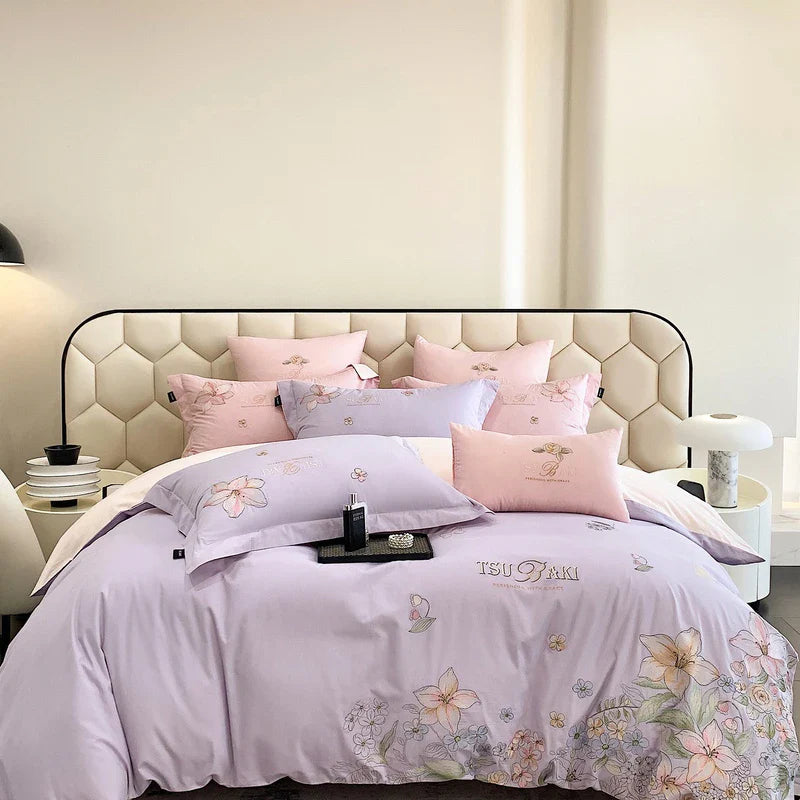 Afralia™ Flowers Embroidery 100% Egyptian Cotton Bedding Set, White/Pink