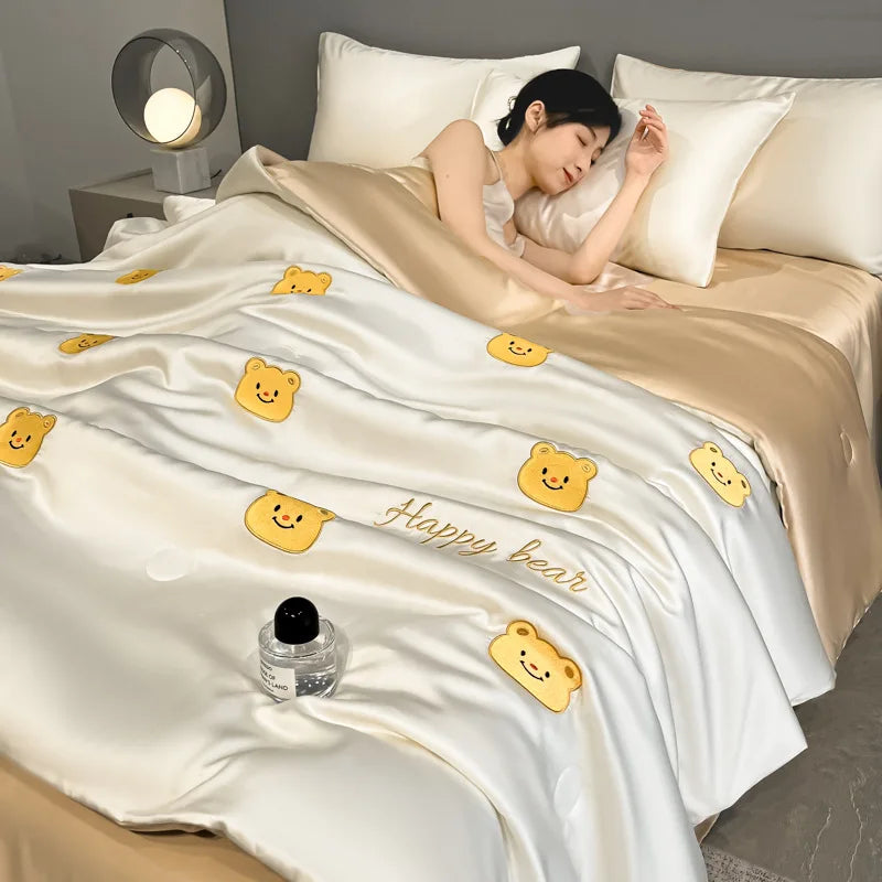 Afralia™ Washed Silk Embroidered Quilt Set Queen, Cooling Summer Blanket