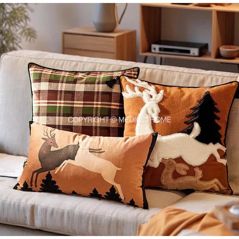 Afralia™ Handmade Reindeer Applique Embroidery Christmas Cushion Cover - Festive Xmas Holiday Decor