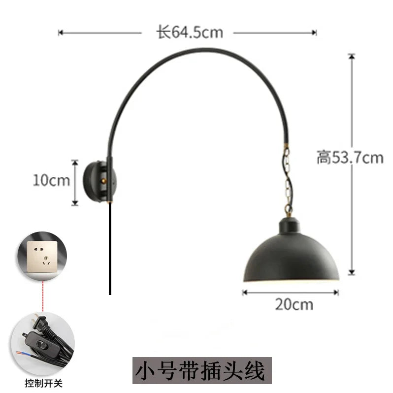 Afralia™ Rotatable Black Wall Lamp LED E27 Swing Arm Long Pole Industrial Design