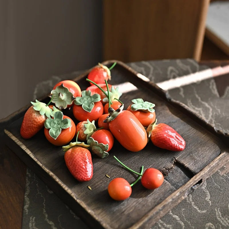 Afralia™ Fruit Sculpture Tea Caddy Home Decor Ornament Strawberries Persimmon Decoration