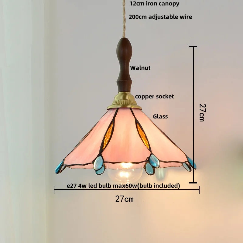 Afralia™ Walnut Wood LED Pendant Tiffany Glass Hanging Lamp - Vintage Dining Room Light
