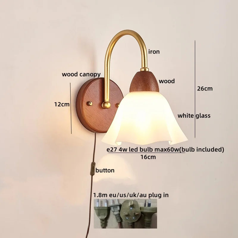Afralia™ Wood Glass LED Wall Light Modern Bedside Lamp for Living Room & Bedroom