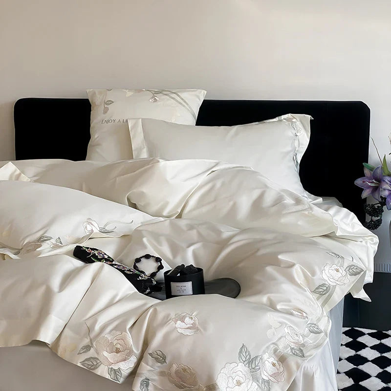 Afralia™ Luxury Rose Embroidery 1000TC Egyptian Cotton Bedding Set with Duvet, Sheet, Pillowcases