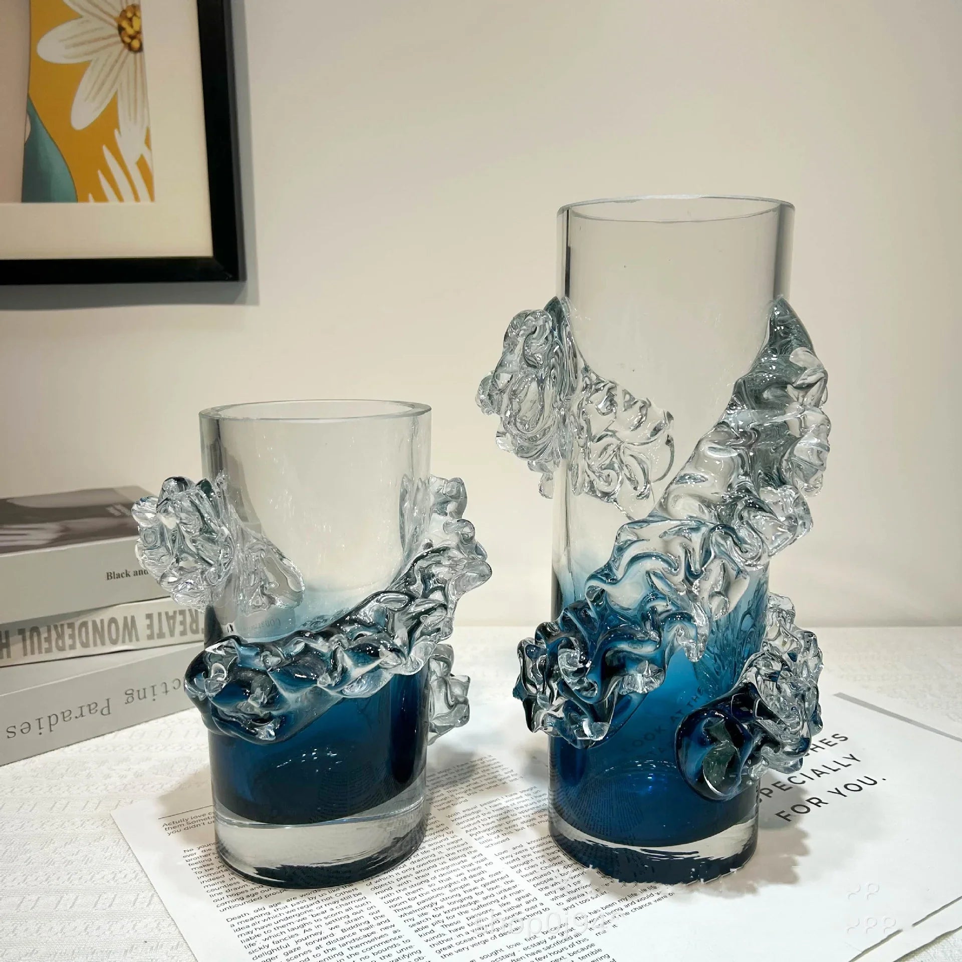 Afralia™ Blue Gradient Wavy Glass Vase for Floral Arrangements and Room Decor