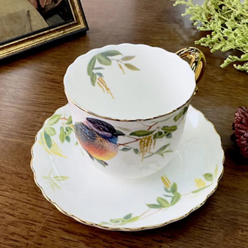 Afralia™ Bird Pattern Ceramic Gold-plated Coffee Mug & Saucer Set
