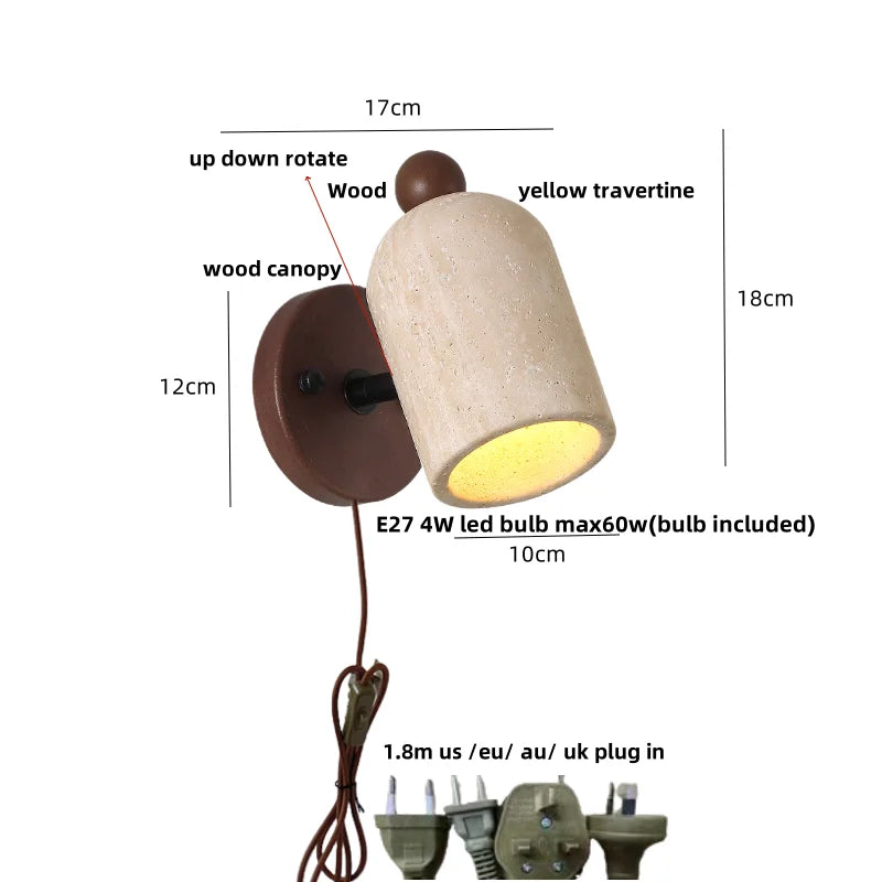 Afralia™ Wood & Travertine LED Wall Sconce with Pull Chain Switch