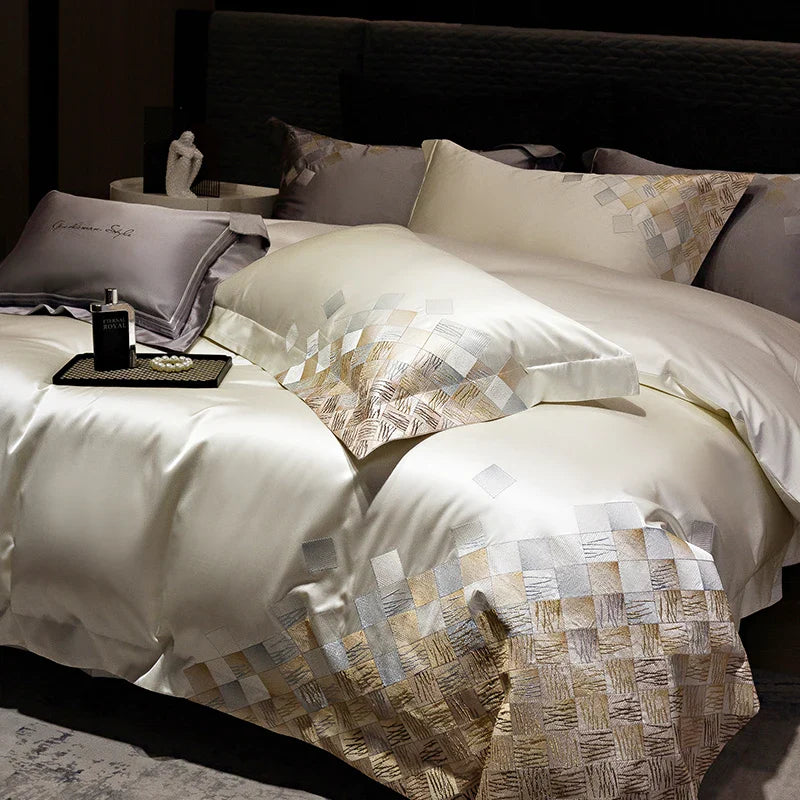 Afralia™ 4-Piece Luxury Embroidery Bedding Set in Pearl White/Grey Satin Brocade Cotton