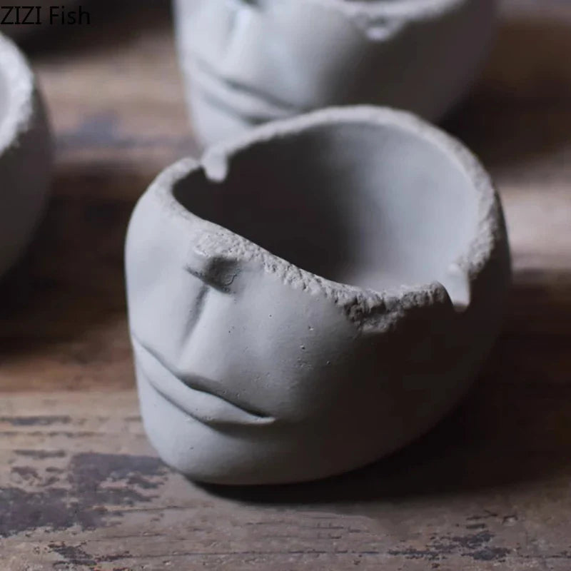 Afralia™ Retro Human Face Cement Ashtray for Home & Office Smoking Accessories