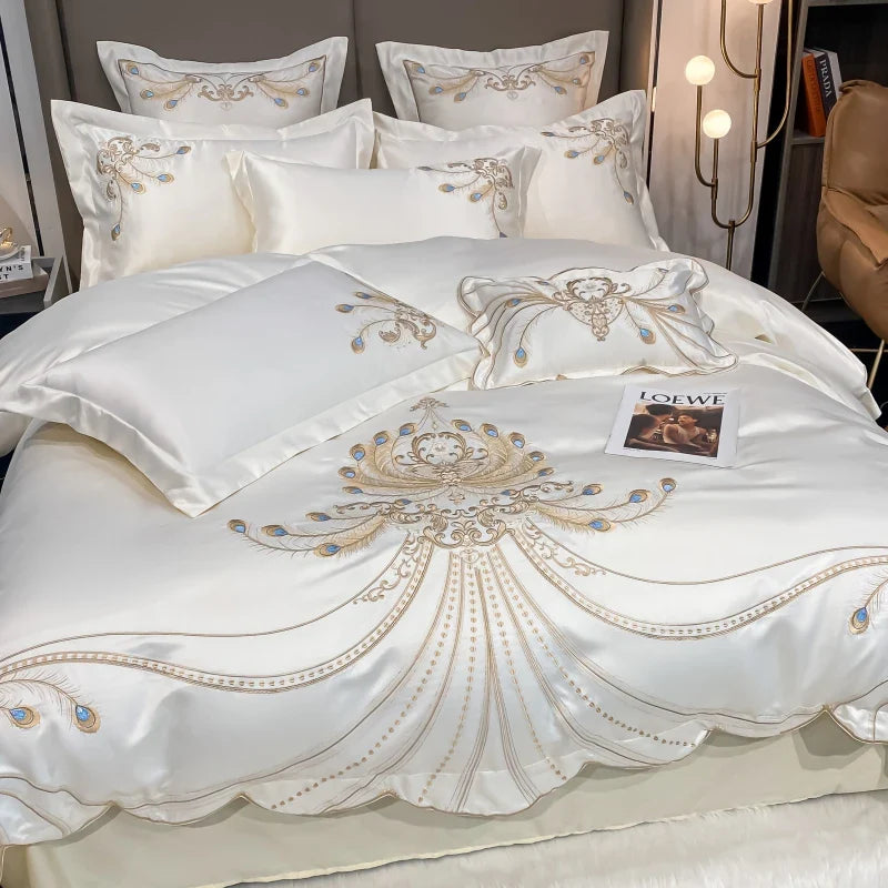 Afralia™ Gold Feather Embroidery Egyptian Cotton Patchwork Bedding Set