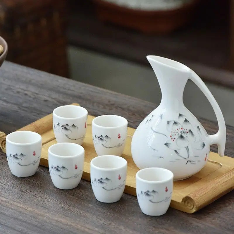 Afralia™ Ceramic Wine Set Dispenser Antique Pot Liquor Cup Warming Container
