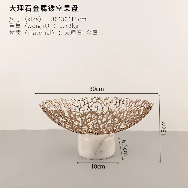 Afralia™ Coral Disc Pedestal | Metal Tray Marble Base Fruit Plate Gold Compote