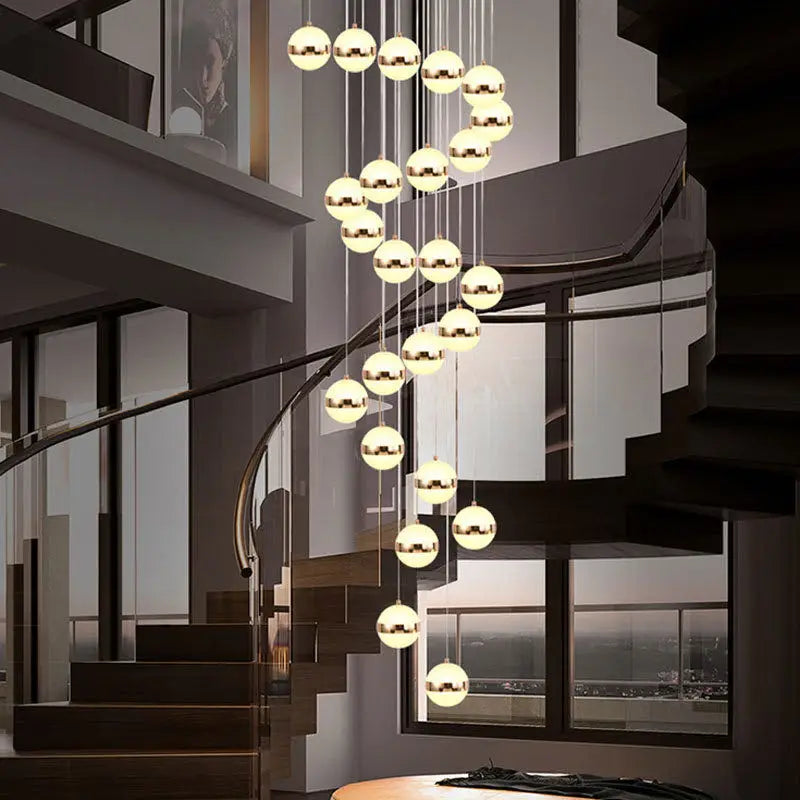 Afralia™ Round Ball Acrylic Chandelier Staircase LED Gold Lighting Fixtures