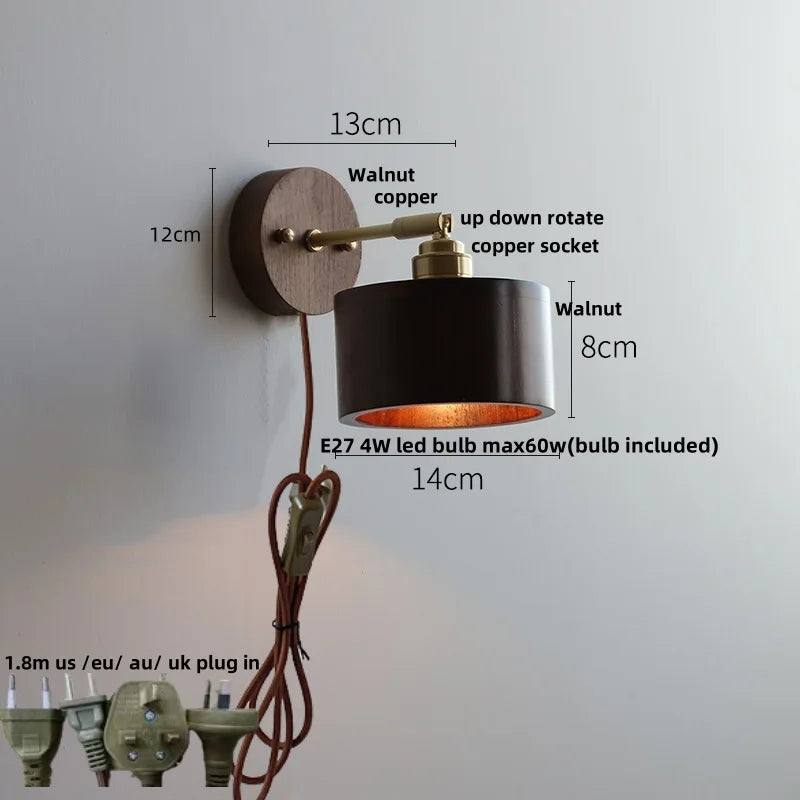 Afralia™ Walnut Wood LED Wall Sconce with Pull Chain Switch - Modern Nordic Copper Socket