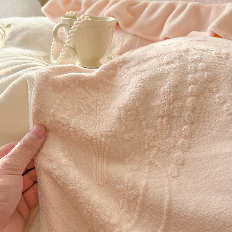 Afralia™ Vintage French Velvet Lace Embroidery Bedding Set with Ruffles Flowers