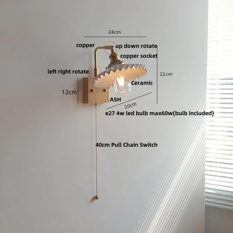 Afralia™ Nordic LED Walnut Wood Wall Lamp with Rotating Ceramic Copper Pull Chain Switch