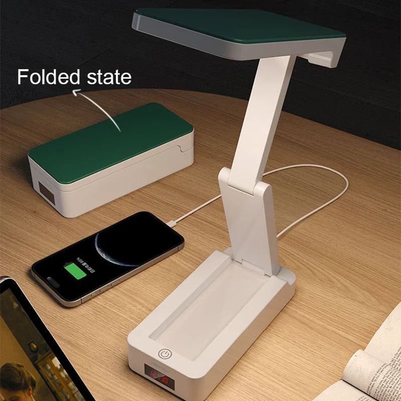 Afralia™ Foldable Desk Lamp with Clock and USB Charging