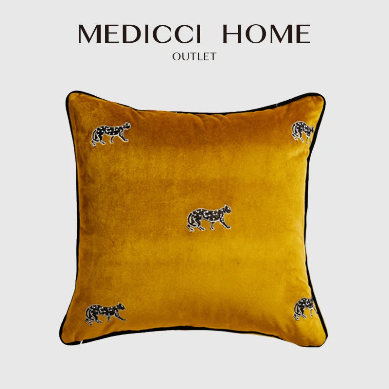 Afralia™ Turmeric Panthers Embroidery Pillow Cover - Luxe Living Room Decor