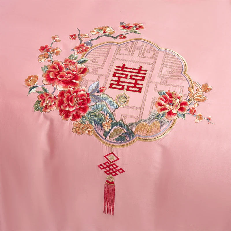 Afralia™ Red Luxury Chinese Wedding Embroidery 4Pcs 800TC Egyptian Cotton Bedding Set