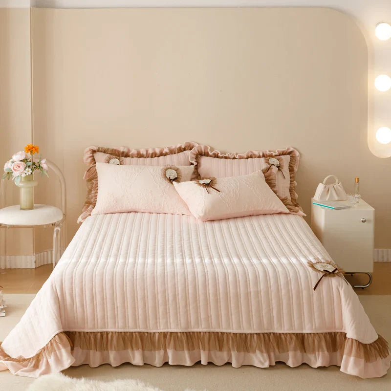 Afralia™ Velvet Lace Ruffles Quilted Bedding Set with Pillowcases