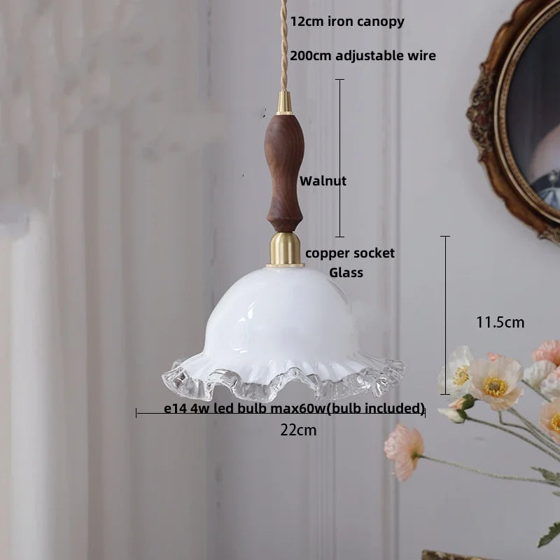 Afralia™ Amber Glass LED Pendant Lamp Walnut Wood Copper Hanging Light