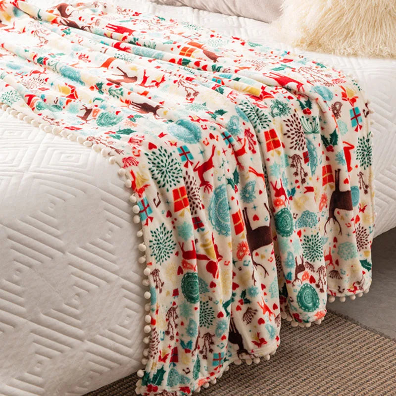 Afralia™ Christmas Flannel Blanket with Plush Ball - Multi-Functional Winter Shawl & Cushion
