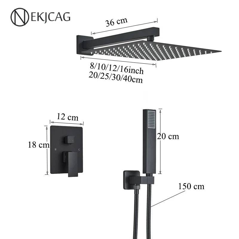 Afralia™ Matte Black Wall Mount Waterfall Shower System with Concealed Faucet
