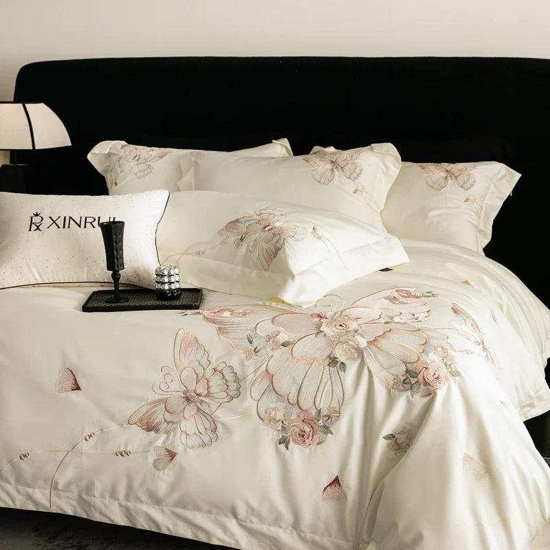Afralia™ Luxe Butterfly Flowers Embroidery Bedding Set 800TC Egyptian Cotton Duvet Covers Sheets Pillowcases