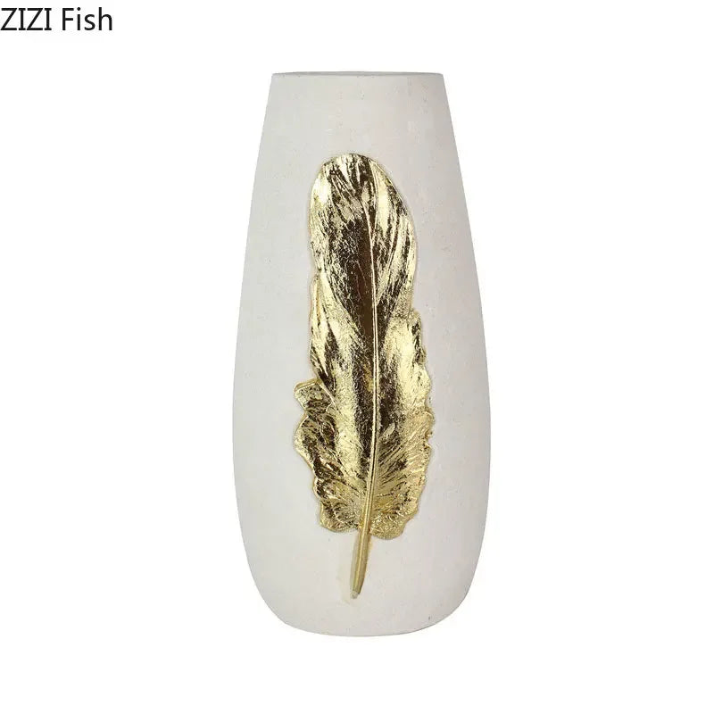 Afralia™ Gold Feather Vase & Artificial Flowers Set - Modern Home Decor