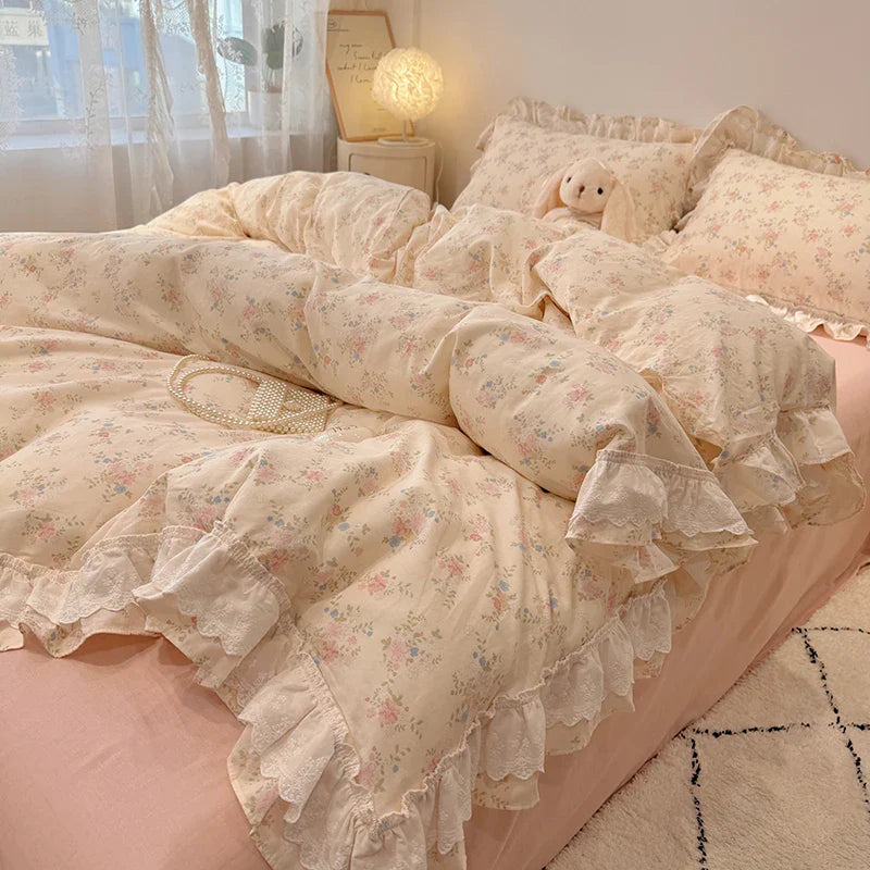 Afralia™ Floral Lace Ruffles Bedding Set in 100% Cotton, Korean Style, Single/Queen/King Size