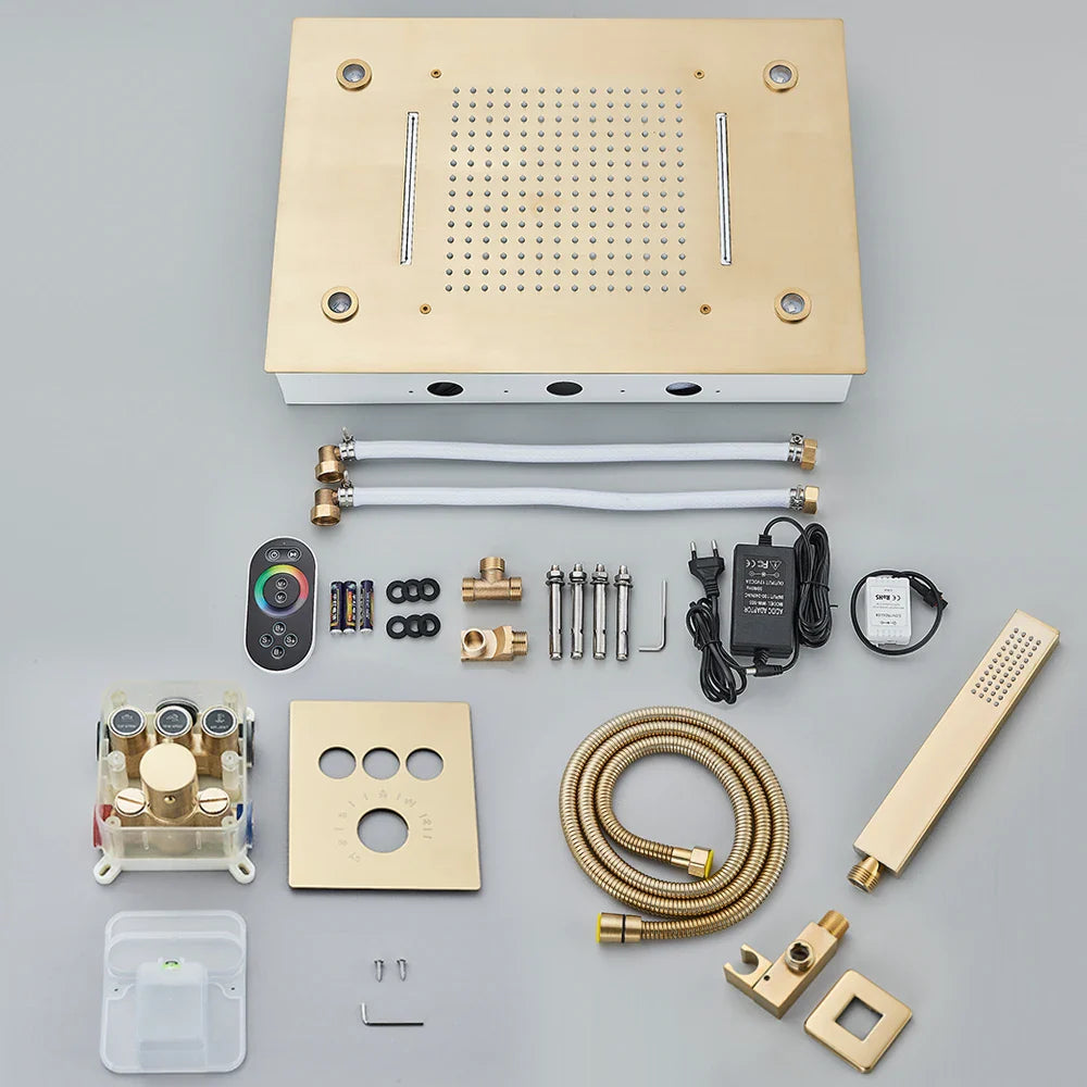 Afralia™ Brushed Gold LED Rainfall Shower Set with Thermostatic Faucet
