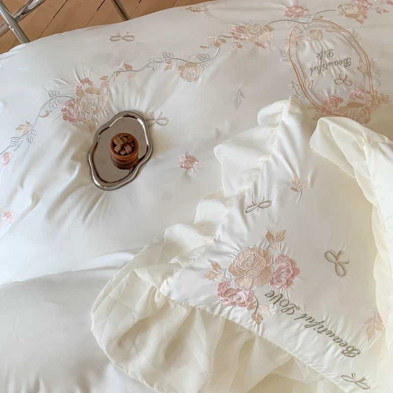 Afralia™ 4Pcs Flowers Embroidery Princess Queen Bedding Set with Lace Ruffles