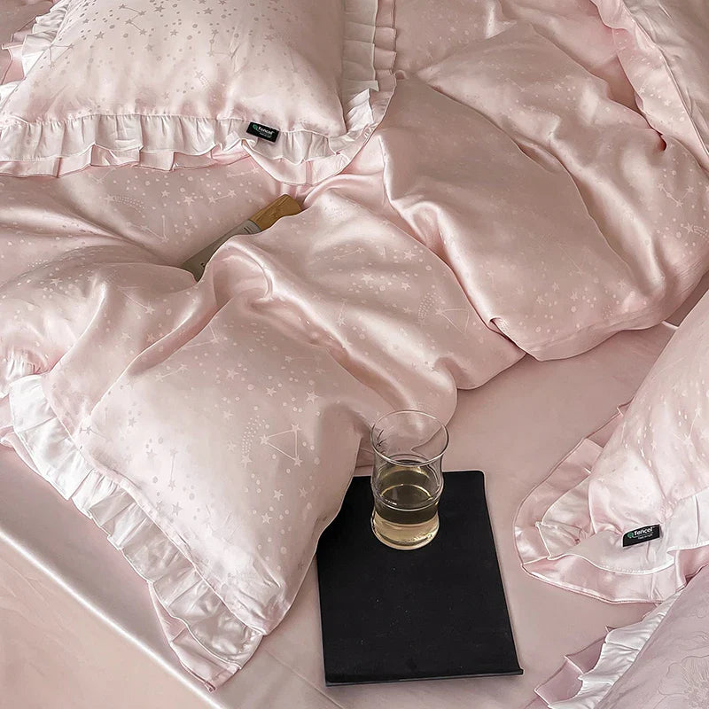 Afralia™ Pink Lyocell Silky Princess Bedding Set with Ruffles and Jacquard Design