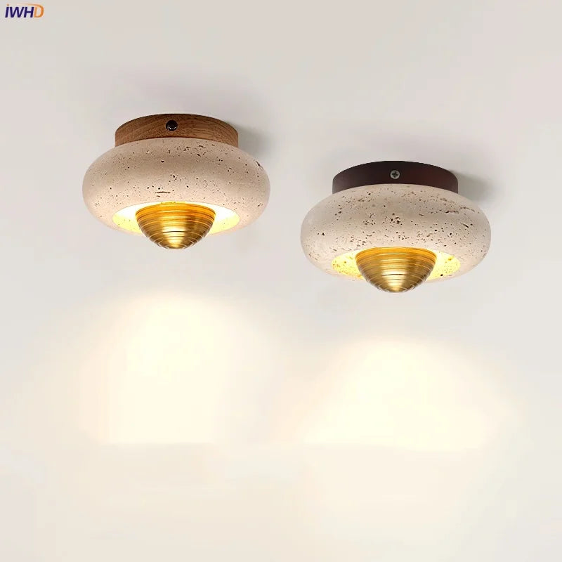 Afralia™ LED Ceiling Lamp Natural Yellow Travertine Walnut Wood Ceiling Lights