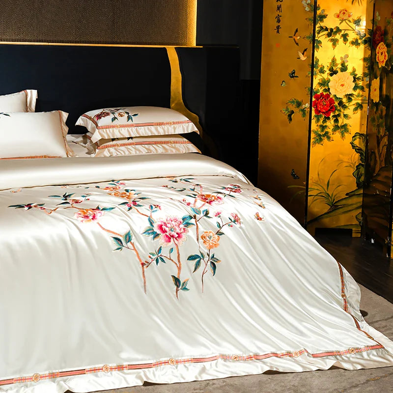 Afralia™ Peony Embroidery Luxury 1200TC Egyptian Cotton Bedding Set