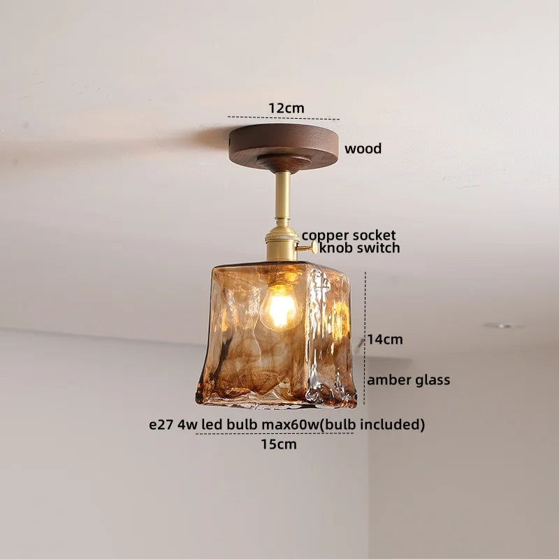 Afralia™ Green Glass LED Ceiling Lights: Modern Copper Wood Indoor Lamp