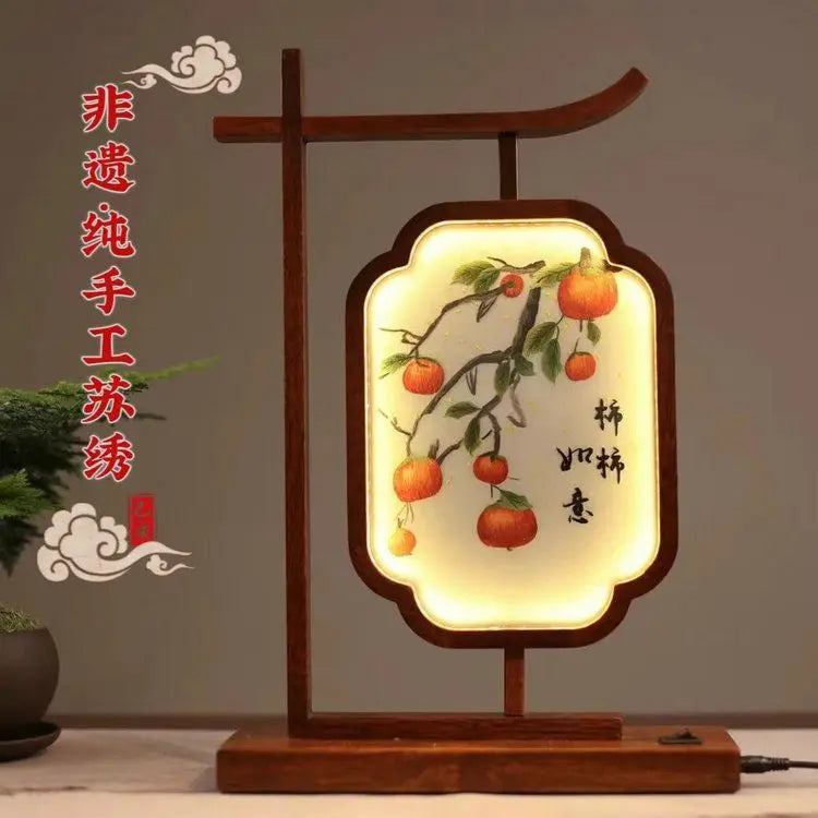 Afralia™ Chinese Style Embroidered Desk Lamp Decoration Screen - Double-Sided Home Table Decor