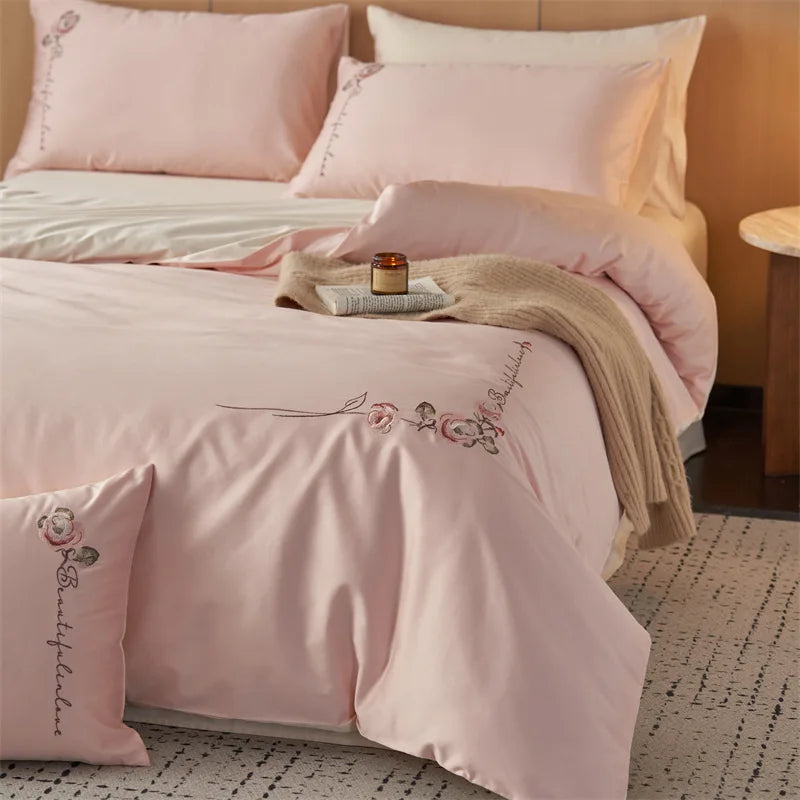 Afralia™ Luxury 100S Long Staple Cotton Embroidery Bedding Set, Ultra Soft Solid Duvet Cover, Double King Size