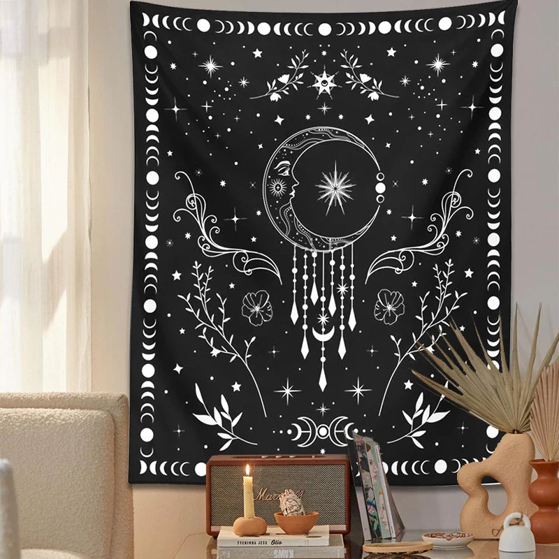 Afralia™ Celestial Moon Phase Tapestry with Floral Accents